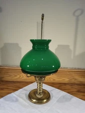 Atq Manhattan Brass Co. Student Kerosene Oil Lamp Cased Green Shade Pat. 1877