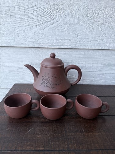 Chinese Yixing Style Clay Teapot Set w/ 3 Cups Gongfu Tea Handmade Brown