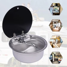 RV Caravan Camper Sink Stainless Steel Hand Wash Basin Sink w/Glass Lid & Faucet