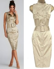KAREN MILLEN ✩ CHAMPAGNE BELTED SAFARI MILITARY SHIRT STYLE PENCIL DRESS ✩ UK 10