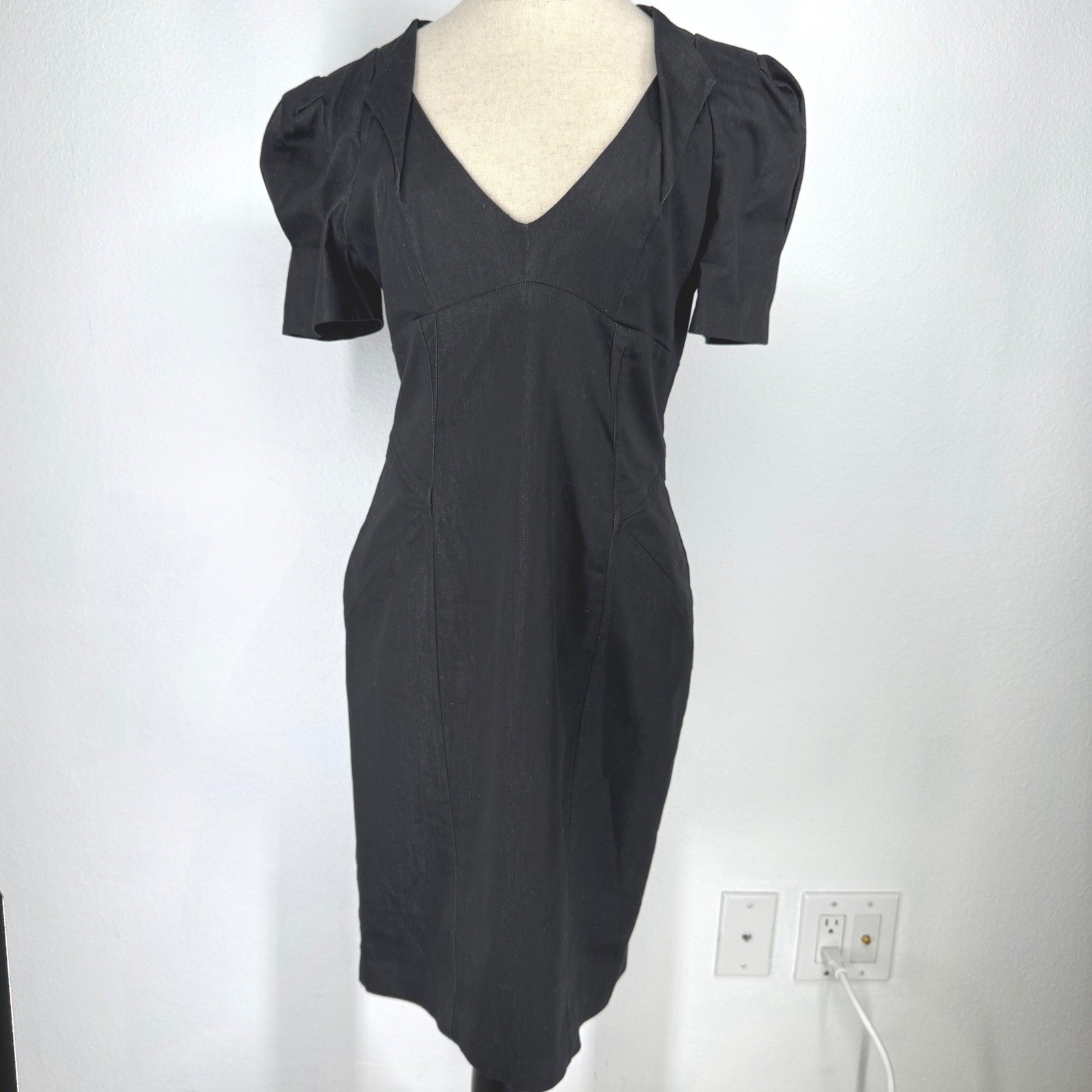 Vintage Bebe Babydoll Midi Dress Deep V Neck Open Back Size M Puff Sleeve Career