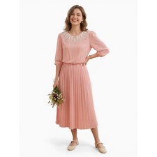 80's VTG Pleated Midi Dress 10 cottage core romantic crochet lace collar Prairie