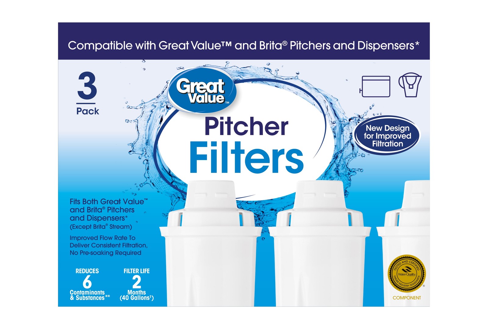 Great Value Water , Fits Great Value & Brita Pitchers, Repla