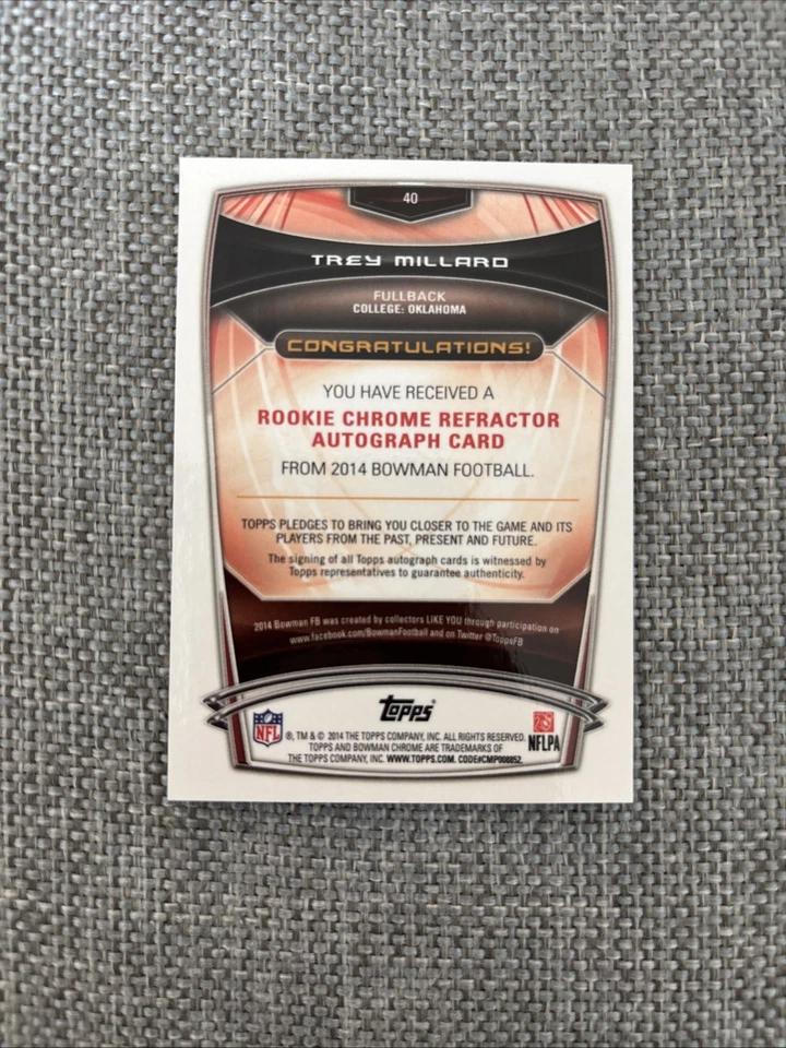 2014 Bowman Chrome “Refractor” Trey Millard Autographed Rookie Card #40 - Image 4 of 4