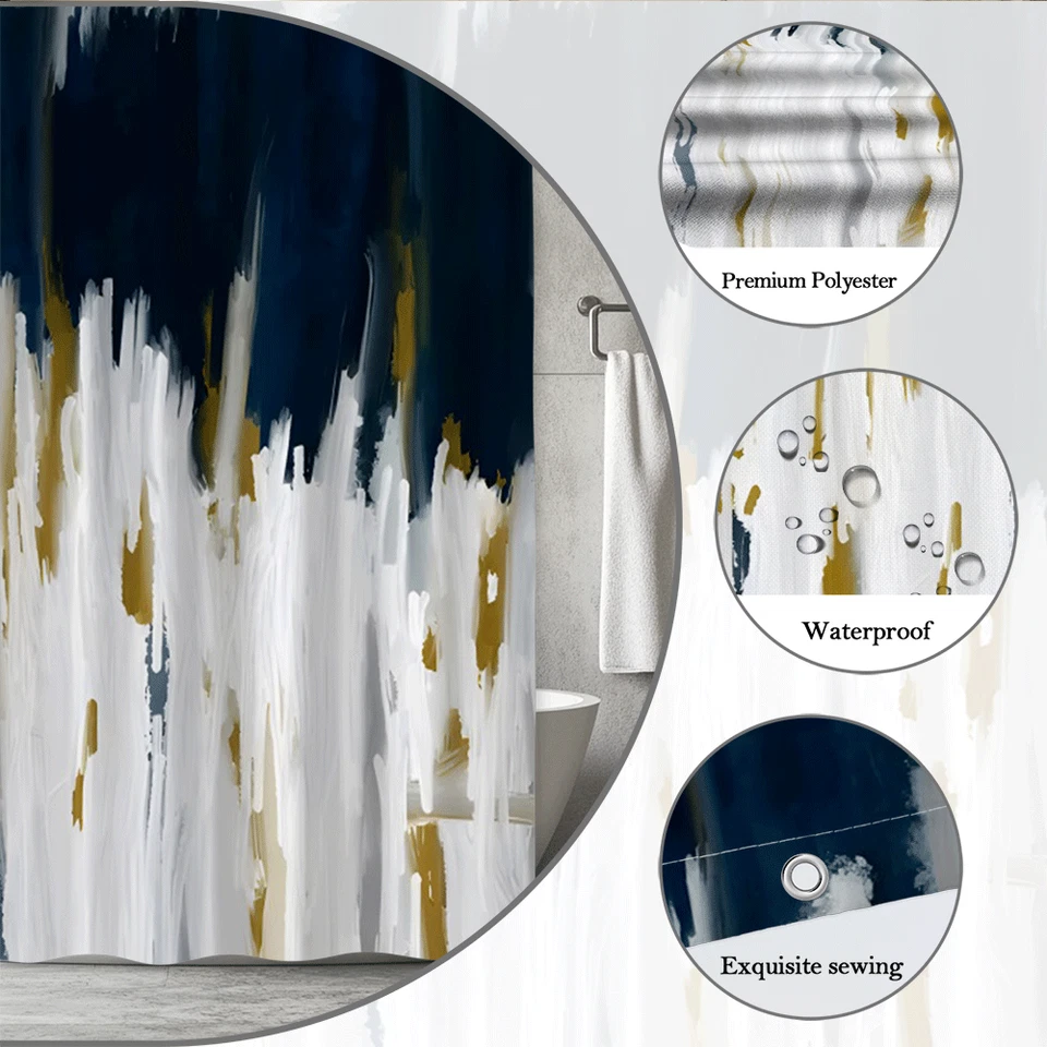 Moderna cortina de ducha abstracta pincelada pintura artística dorada blanca azul marino Foto 2 de 4