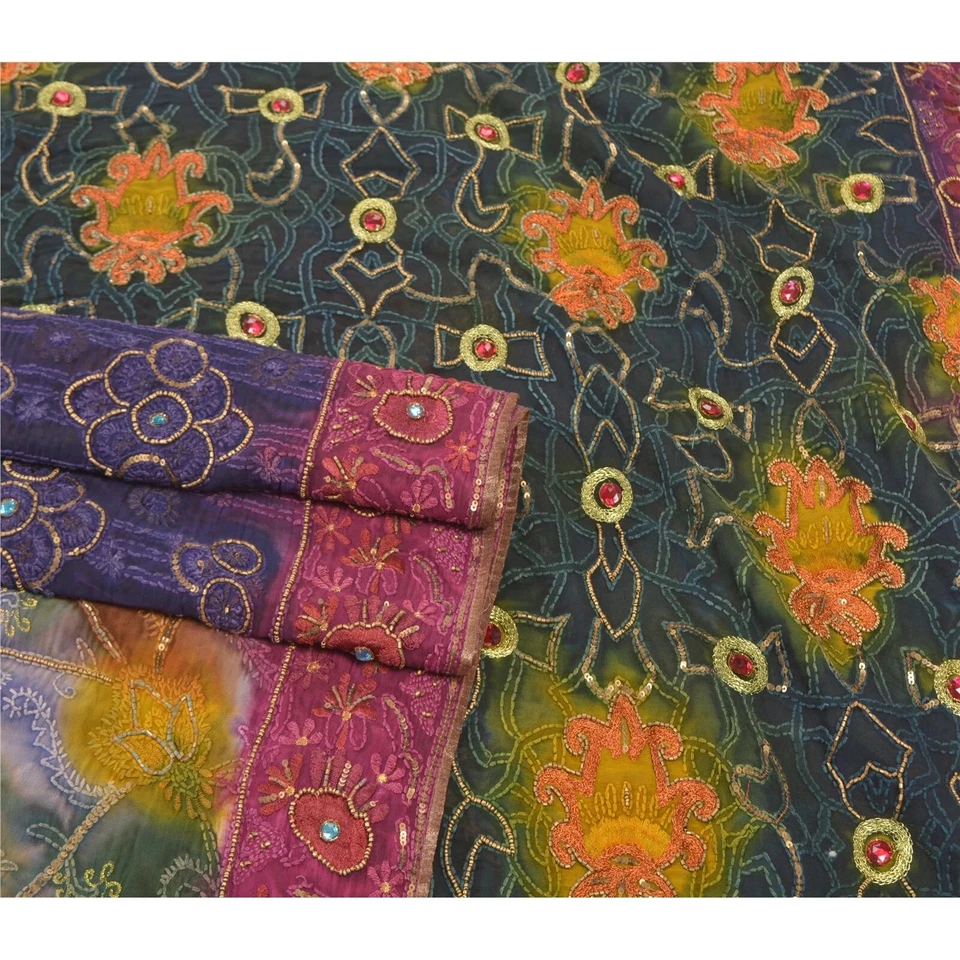 Sanskriti Vintage Indian Sarees 100% Pure Georgette Silk Hand Beaded Sari Fabric - Image 2 of 4