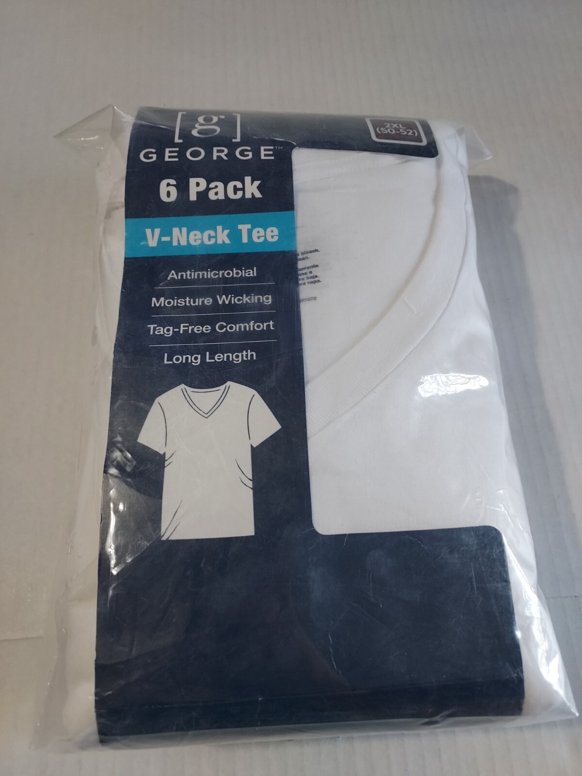 George ~ Men's 6-Pack T-Shirts V-Neck Undershirts White ~ 2XL (50-52 ...