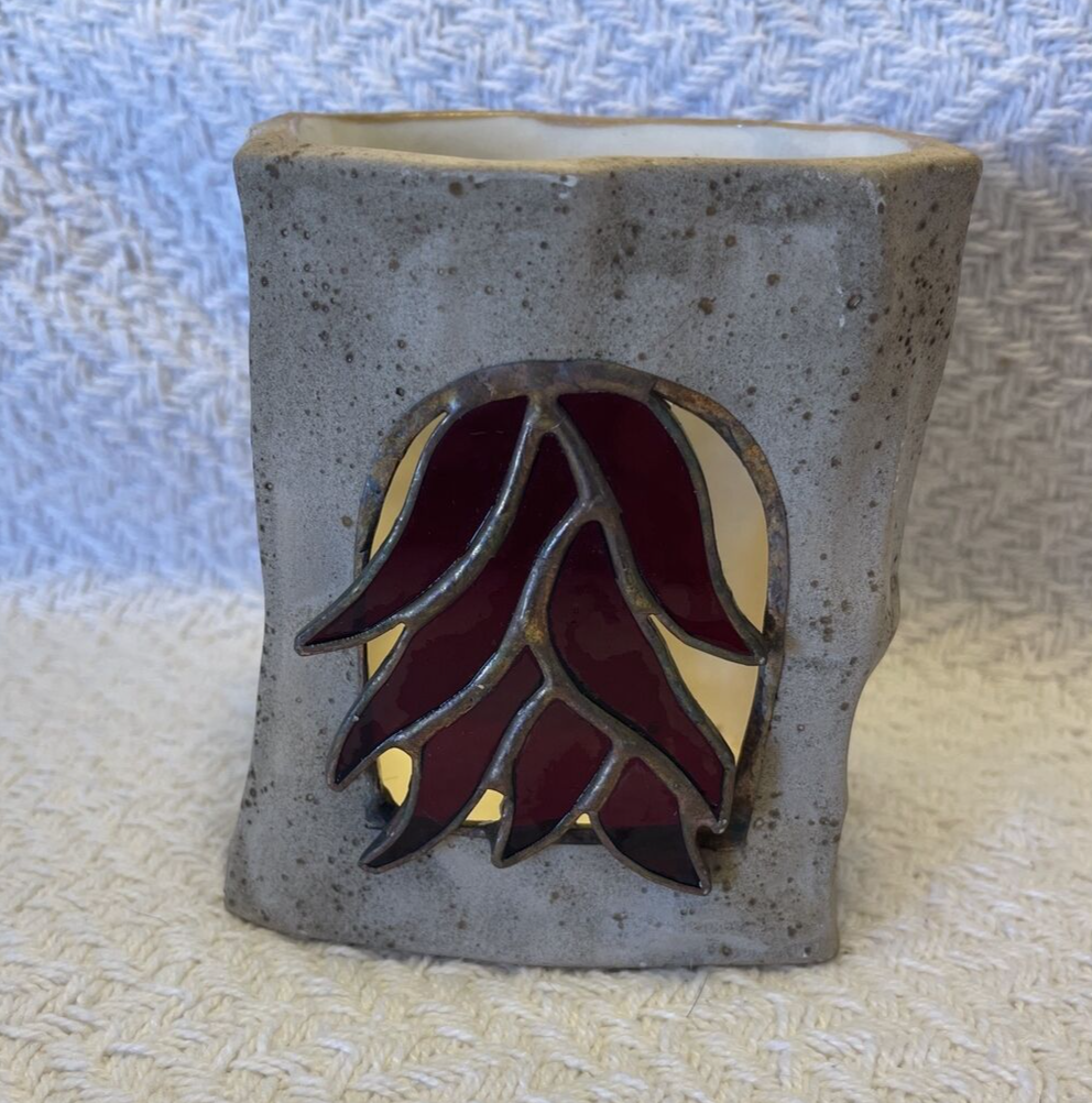 Studio Pottery Red Stained Glass New Mexico Candle Holder Signed 1985 Handmade