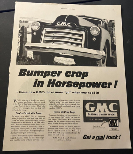 1951 GMC Trucks "Bumper Crop In Horsepower" - Vintage Print Ad / Wall Art