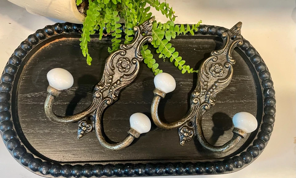 2 Vintage Ceramic Bronzed Brass Coat Hanger Wall Hooks Metal White Ornate Ball - Image 3 of 4