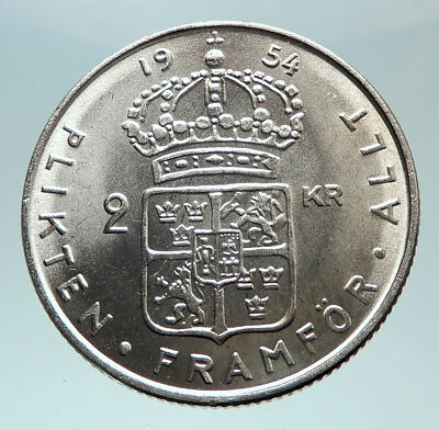 1954 SWEDEN King GUSTAV VI ADOLF 2 Kronor LARGE Silver SWEDISH
