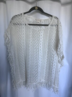 Womens Large Ruff Hewn White Crochet shirt Blouse Fringe BoHo Bohemian Stylish