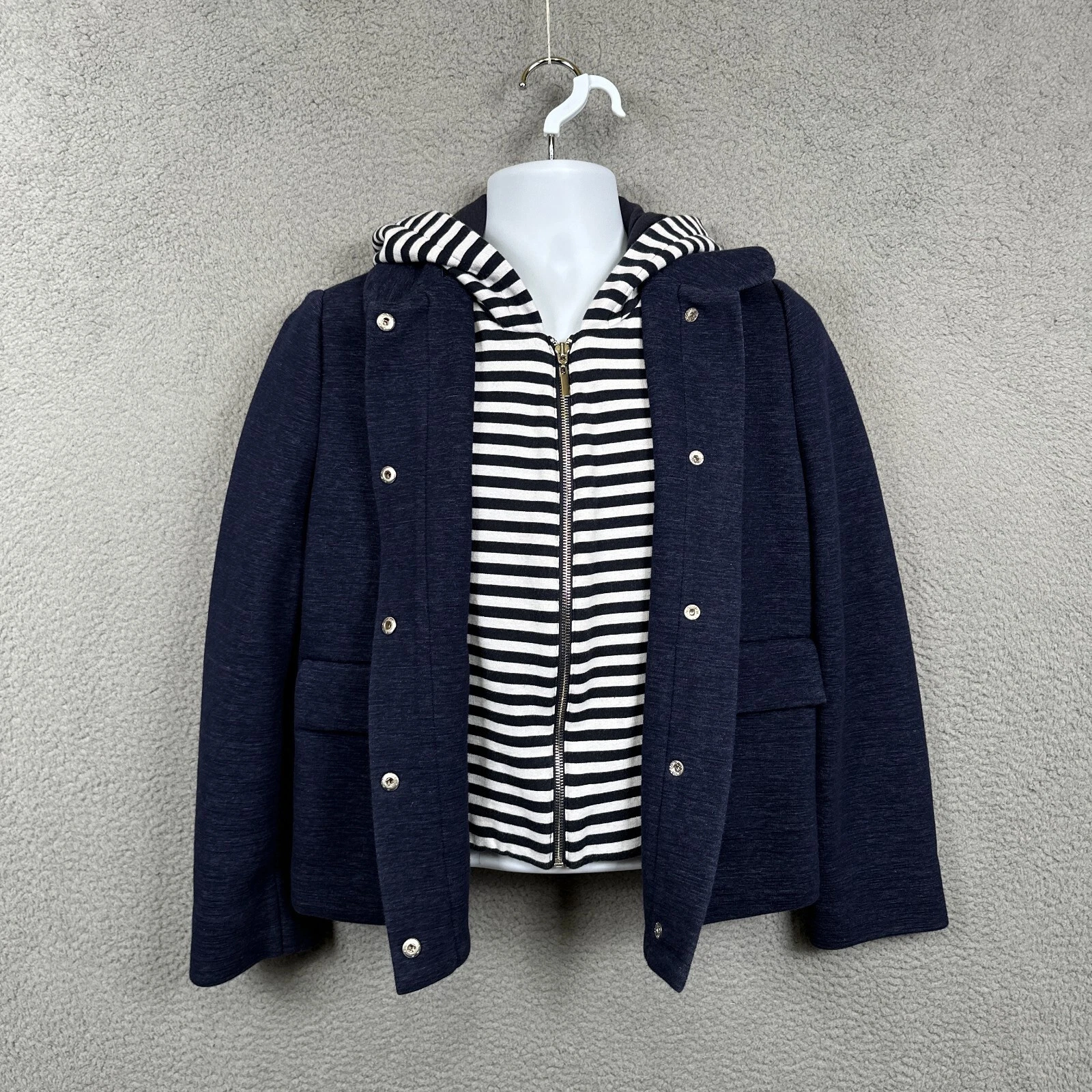 Giacca Tory Burch donna M blu 2 in 1 con cappuccio nautica a righe fodera rimovibile