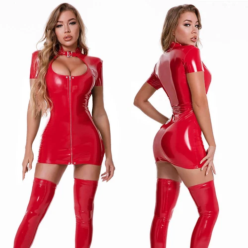 Women Short Sleeve PVC Leather Wetlook Bodycon Cocktail Evening Party Mini Dress