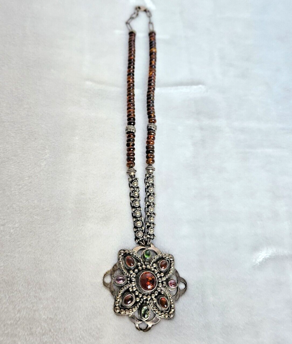 Vintage 925 Solid Sterling Silver Multicolor Amber Peridot Pendant