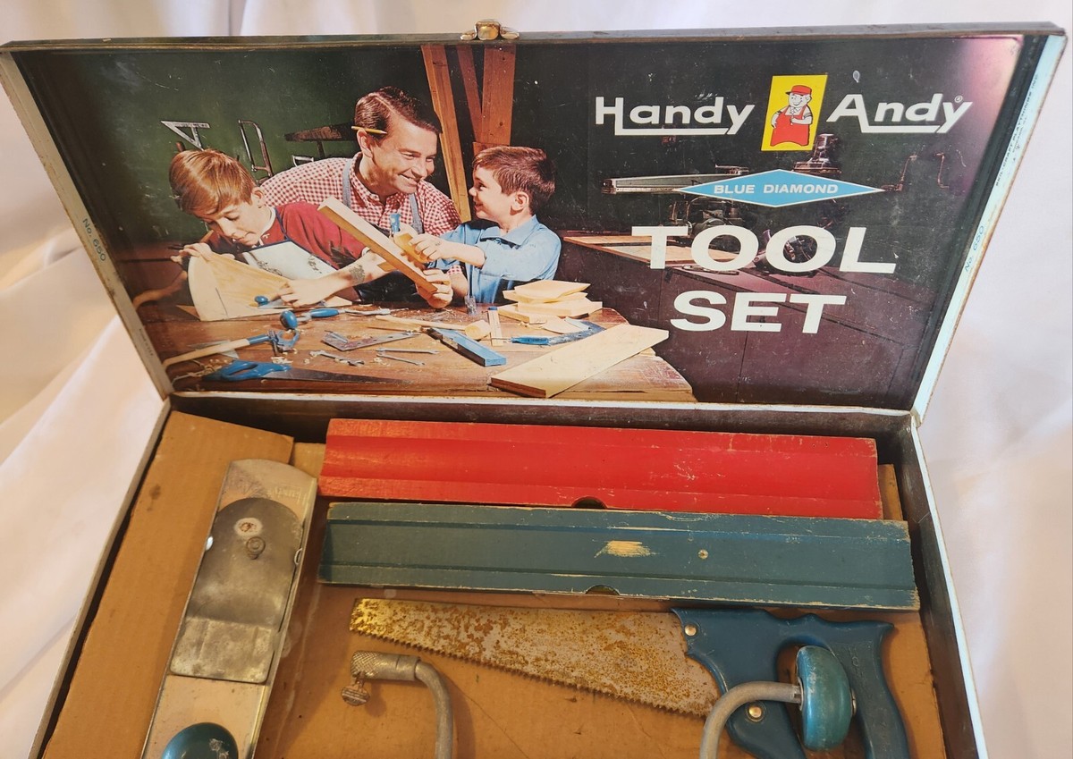 Vintage HANDY ANDY Tool Set Blue Diamond Box & Tools American No