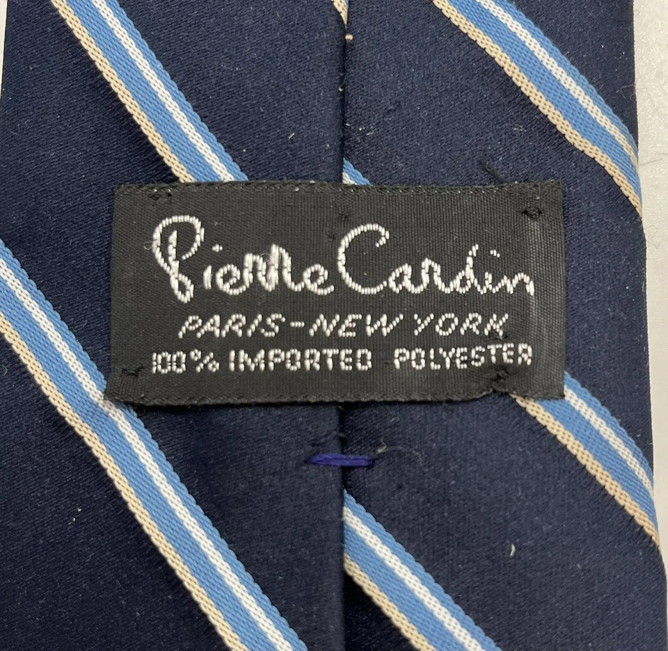 Vintage PIERRE CARDIN Dark Blue Yellow Stripes w/ Logo, Men's Neck Tie - Image 4 of 4