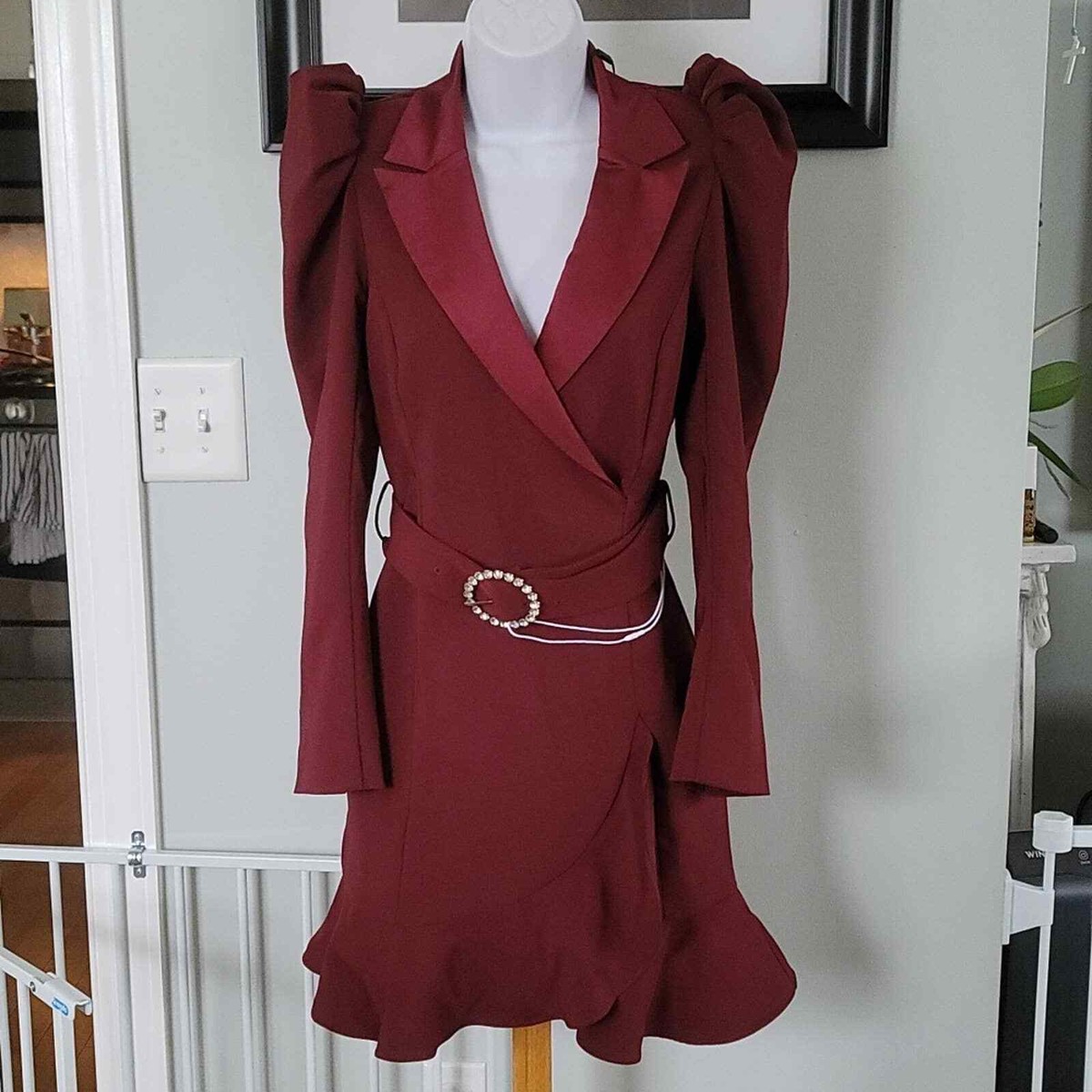 NWT Lavish Alice Burgundy Frill Hem Satin Blazer Dress Size
