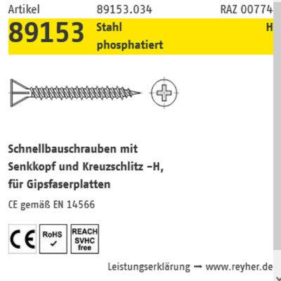 Reyher Gipsfaserplattenschrauben phos. PH 3,9x30 mm 1000 ST