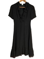 J.Crew Silk Dress Ruffle V-Neck Short Sleeve Flared Tiered Hem Silk Black Size 0
