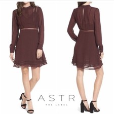 ASTR THE LABEL Women’s Maroon KIRSTEN Fit And Flare Long Sleeve Dress Size S