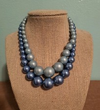 Vintage Blue Faux Pearl Choker Necklace 2 Strand 16"