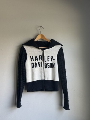 Harley-Davidson Knit Cable-Knit Full Zip Graphic Cardigan Sweater S Black White