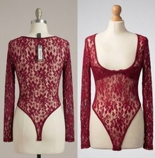 BNWT PrettyLittleThing Burgundy Lace Long Sleeve Bodysuit - Size 10