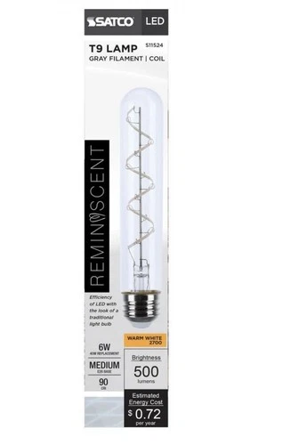 SATCO S11524 6W(40W EQ) 120V Reminiscent LED T9 E26 Gray Coil Filament CL 2700K - Picture 2 of 2