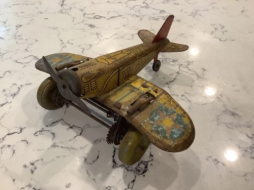 1940's Marx TIN Wind-up U.s. Army Fighter Plane -Sparkling Guns Tin Toy