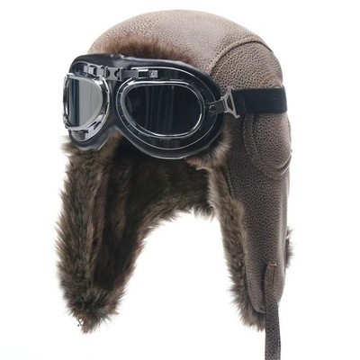 Men Winter Bomber Hat w/ Goggles Faux Fur Ushanka Windproof Earflap Cap