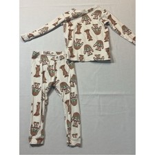 Kids Cream Pajama Set with Brown Green Character Print