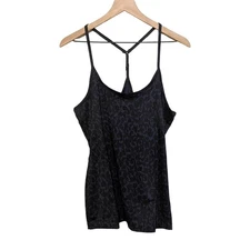 H Halston Studio Womens Abstract Leopard Y Back Tank Top Size M Classic Navy NWT