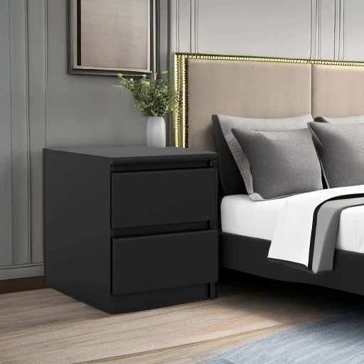 , Mesita de noche de 2 cajones para dormitorio, tiradores-cajones, contemporánea, negra Foto 3 de 4
