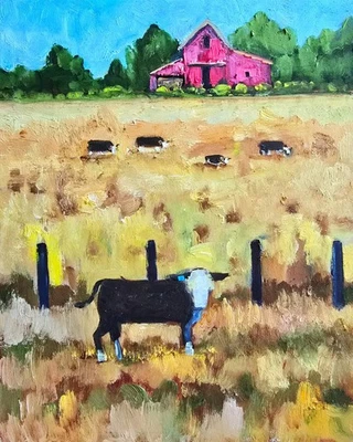 Kühe Farmhaus Ölbild 20x25 cm Tiere Bauernhof Landschaft Gemälde auf Malkarton - Bild 1 von 4
