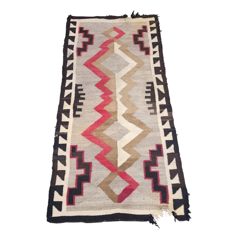Vntg Southwestern Handwoven Wool Rug Runner Brown Red Geometric Reversible FLAWS
