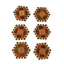 Wood Marquetry Inlay Mosaic Type Coaster Set Moroccan Style Hexagon Set of 6