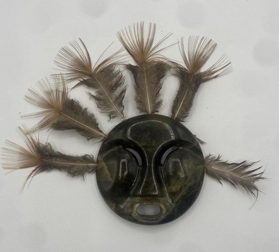 John Hotes  (Alaska) Carved Soapstone Alaskan Spirit Mask  Feathers Inuit Signed