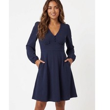 Boden V-Neck Jersey Mini Tea Dress Navy Blue Long Sleeve Fit & Flare 8R