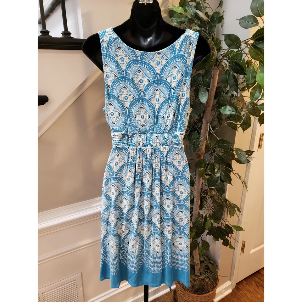 Elle Wrap Dress Womens Small Blue Abstract Cinch Waist Pleated V Neck Foto 4 de 4