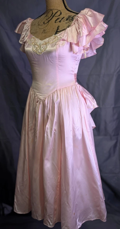 Винтажный Gunne Sax платье 80-х розовый атлас кружева с плеча оборки выпускного вечера вечеринки 7 8 - Изображение 4 из 4