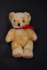 VTG BEIGE POSEABLE TEDDY BEAR WITH RED BOW 7" PLUSH