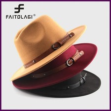 Wool Fedora Hat Flat Brim Vintage Bowler Cap Winter Autumn Unisex Style