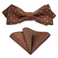 Mens Bow Tie Pocket Square Set, Boy  Men Bowtie with Brown Polka Dot