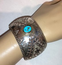 Navajo Old Pawn Sterling Silver Turquoise Native American Men Bracelet Hebert