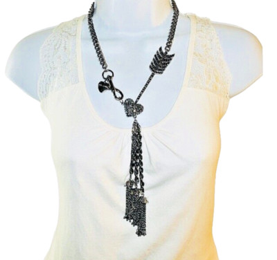 Betsey Johnson Icy Crystal Heart Cupid Arrow Long Chain Necklace 20'' Layered