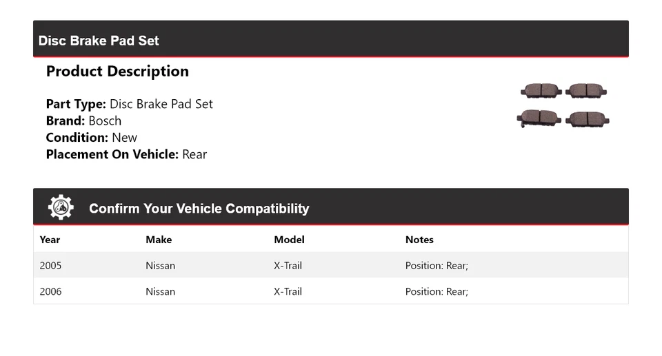 Pastillas de freno traseras de cerámica QuietCast Bosch 2005-2006 Nissan X-Trail Foto 2 de 4