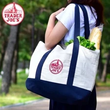 New 2025 Trader Joes Reusable Canvas Tote Bag Large Heavy Duty Bag Blue White