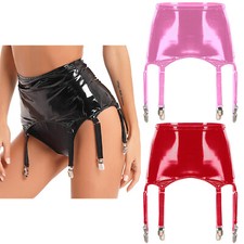 Women Wet Look Leather Garter Belt Slim High Waist Suspender Belt Metal Clips