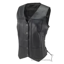 ladies womens solid leather biker motorcycle vest black concealed carry 